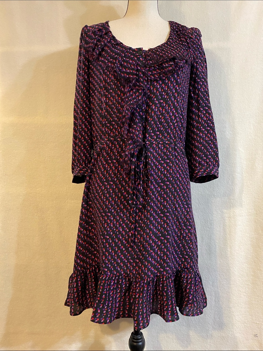 Nanette Lepore 100% silk black pink purple floral drawstring waist ruffle dress